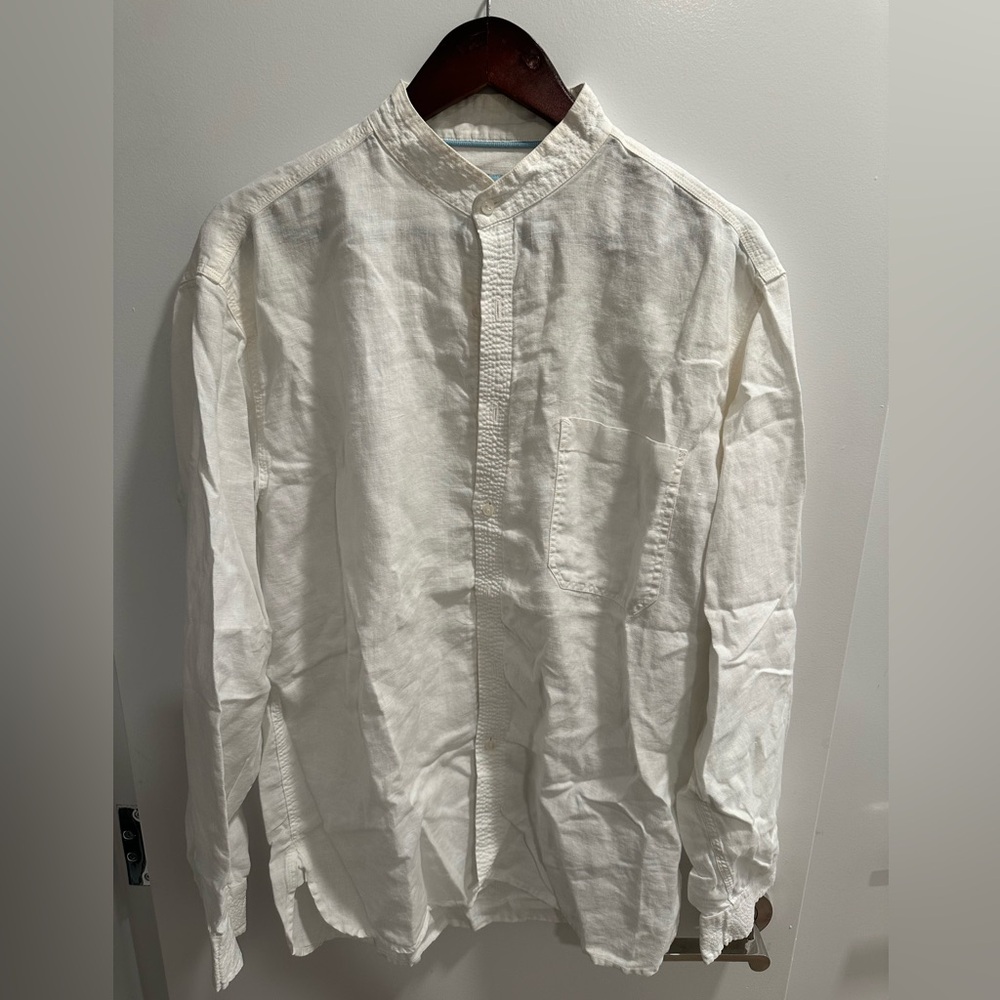 White Casual Button Down Shirt with Mandarin Collar